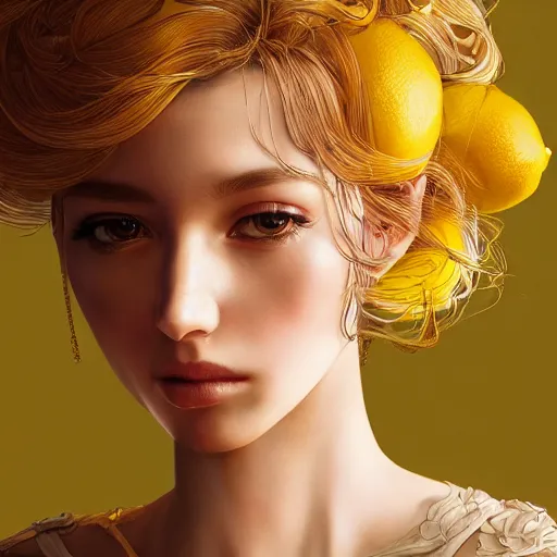 Image similar to the portrait of an absurdly beautiful, graceful, elegant, sophisticated, young idol made up of lemons, an ultrafine hyperdetailed illustration by kim jung gi, irakli nadar, intricate linework, bright colors, octopath traveler, final fantasy, unreal engine 5 highly rendered, global illumination, radiant light, detailed and intricate environment