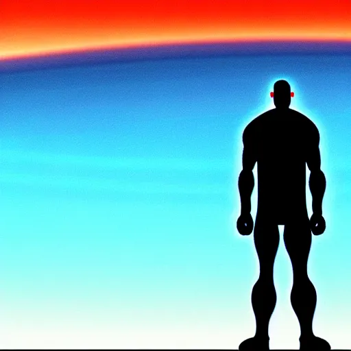 Prompt: Contemporary digital art Highly detailed Dr.Manhattan character from Watchmen watching on a beautiful sunrise on mars. Volumetric light in style of Alan Moore-s 150