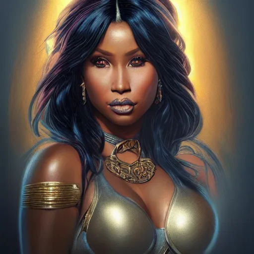 Image similar to full figure ultra realistic illustration, nicki minaj as donna troy, intricate, elegant, highly detailed, digital painting, artstation, concept art, smooth, sharp focus, illustration, art by artgerm and greg rutkowski and alphonse mucha