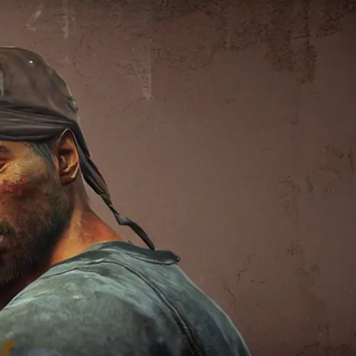 Image similar to high quality 8k screenshot of tupac shakur inThe Last Of Us, 8k full body model very rusty torn out texture