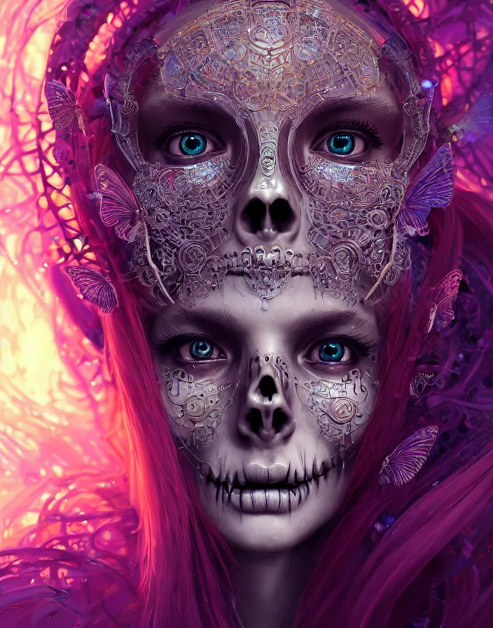 Prompt: geautiful goddess princess close-up portrait tribal slavic russian princess skull, ancient high tech, jellyfish phoenix dragon, butterfly squid, burning halo, intricate artwork by Tooth Wu and wlop and beeple, greg rutkowski, very coherent symmetrical artwork, cinematic, hyper realism, high detail, octane render, unreal engine, 8k, Vibrant colors, Smooth gradients, High contrast, depth of field, aperture f1.2