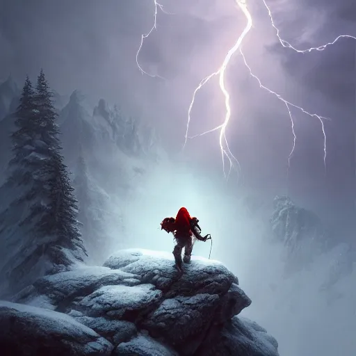 Prompt: climber, extreme cold, storm, octane rendering, volumetric lightning, hyperrealism, no blur, 4 k resolution, ultra detailed, style of ivan shishkin, tyler edlin, anato finnstark, edward robert hughes