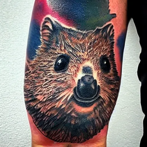 Prompt: a realistic tattoo of a quokka riding a bicycle