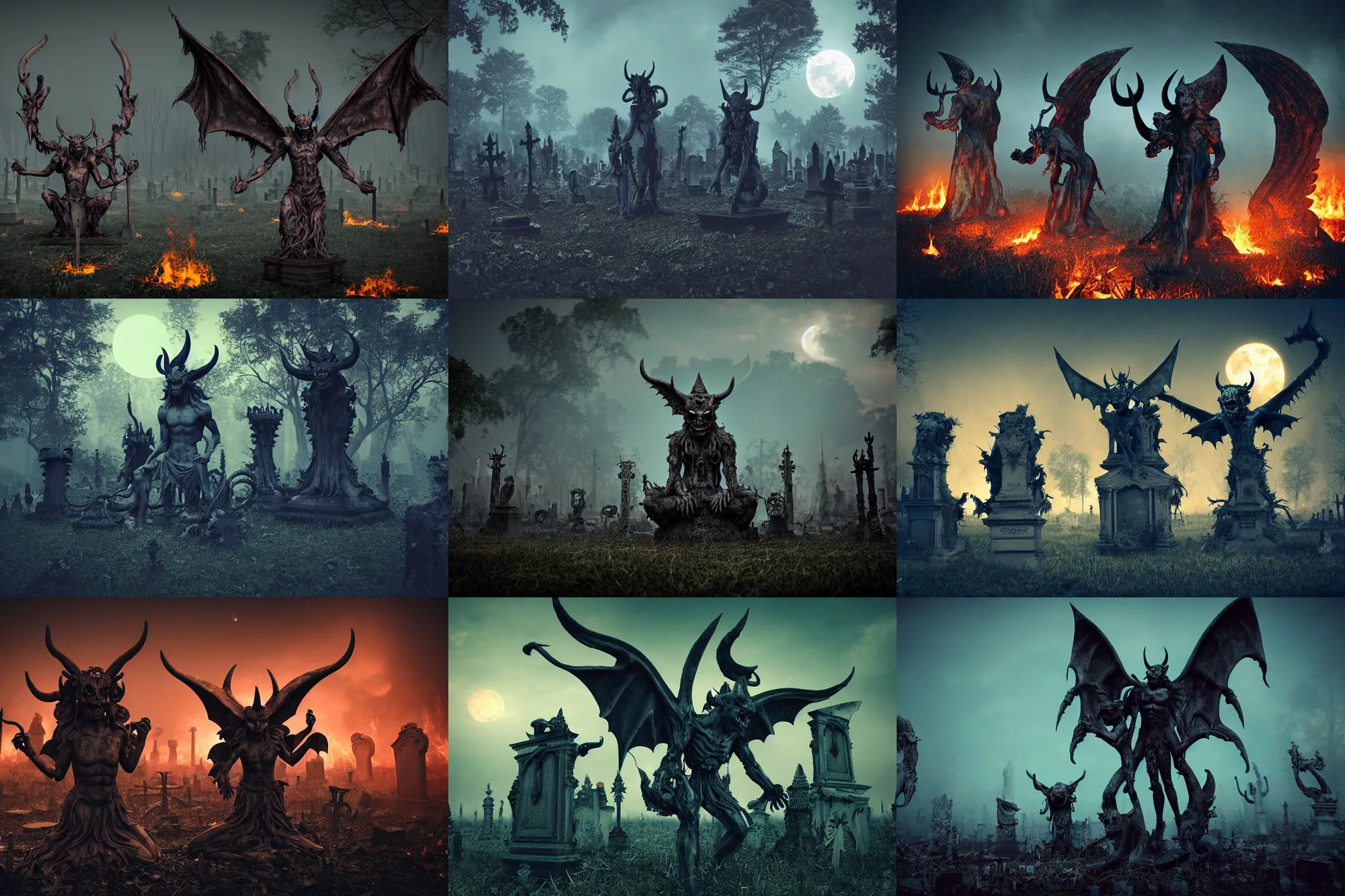 Prompt: a photograph of demon statues demon statues with horns and bat wings in an overgrown burning graveyard, scary creatures, cosmic horror, morbid art, sharp focus, cinematic, high angel distant shot, moonlight, hyper detailed, 4 k, octane render, deviantart,