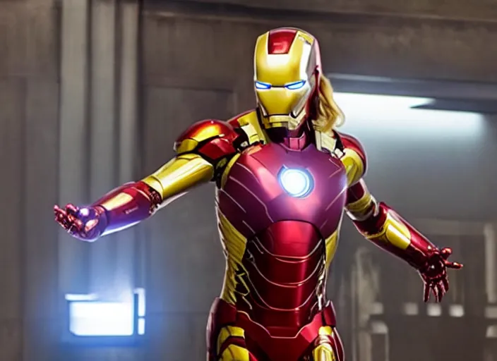 Image similar to movie still of margot robbie playing as iron man in the movie avengers, directed by russo brothers, marvel cinematic universe