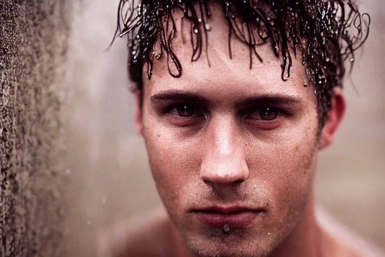 Prompt: a closeup cinematic!! headshot photograph!! of a male model wearing a ripped shirt, stood in a tunnel, rain, dirt, film still, cinematic lighting, by bill henson