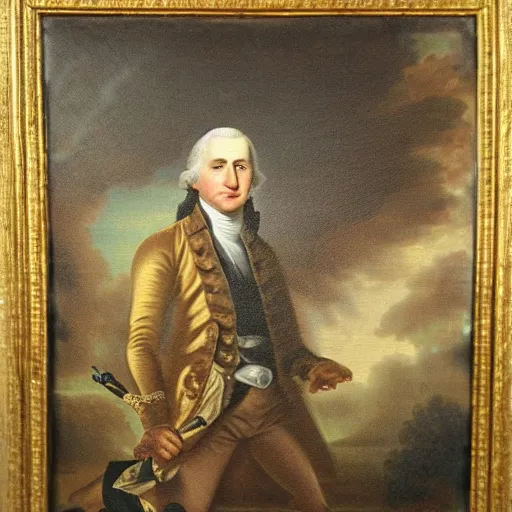 Image similar to 18th century oil painting of George Washington smoking weed, 8k, highly intricate, highly detailed, brown background,