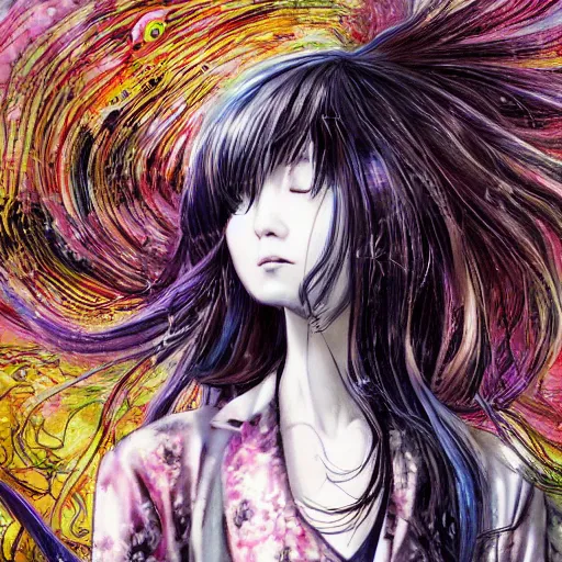 Image similar to yoshitaka amano realistic illustration of an anime girl with black eyes and long wavy white hair wearing dress suit with tie and surrounded by abstract junji ito style patterns in the background, blurry and dreamy illustration, noisy film grain effect, highly detailed, oil painting with expressive brush strokes, weird portrait angle, 9 0 s anime color palette