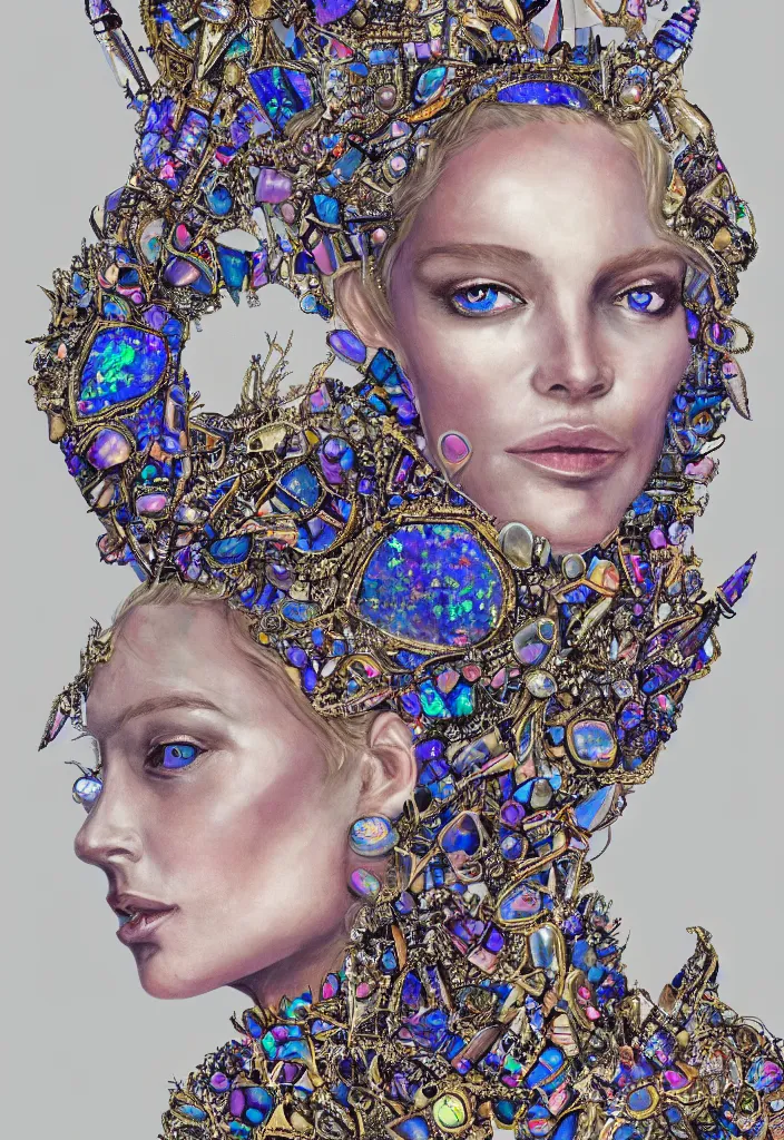 Prompt: a portrait of beautiful queen made of crystal and opal , future fashion, Harpers Bazaar, Vogue magazine, insanely detailed and intricate, concept art, close up