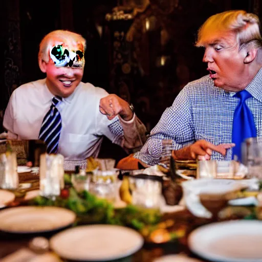 Image similar to Trump and Biden having dinner at a fancy Balinese restaurant, award winning photography, 85mm, perfect faces