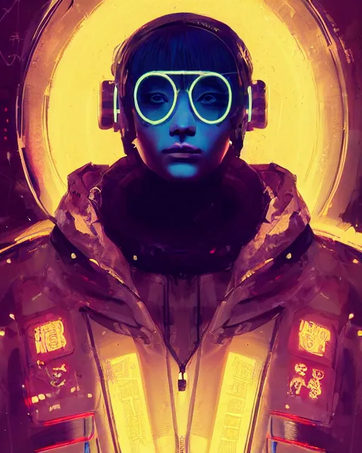 Image similar to detailed portrait Neon Operator Girl, cyberpunk futuristic neon, reflective puffy coat, decorated with traditional Japanese ornaments by Ismail inceoglu dragan bibin hans thoma greg rutkowski Alexandros Pyromallis Nekro Rene Maritte Illustrated, Perfect face, fine details, realistic shaded, fine-face, pretty face