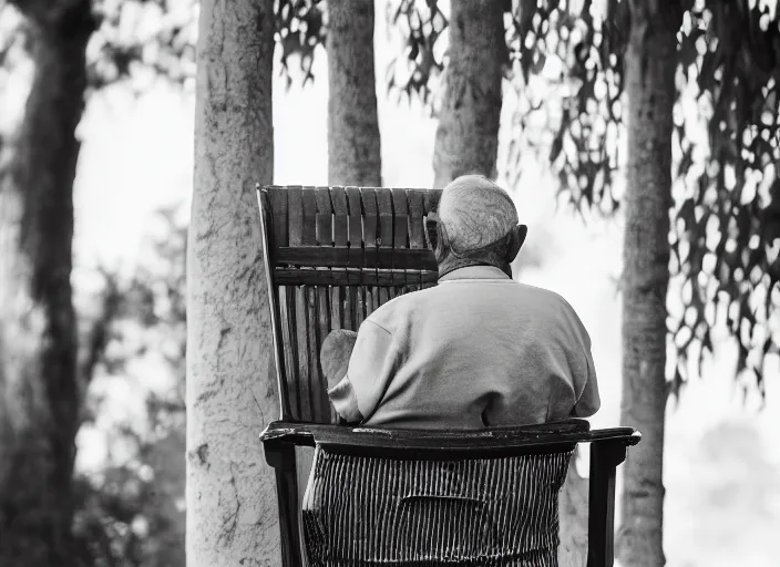 Prompt: an old man in a rocking chair from behind, golden hour, canon eos r 3, f / 1. 4, iso 2 0 0, 1 / 1 6 0 s, 8 k, raw, unedited, symmetrical balance, in - frame