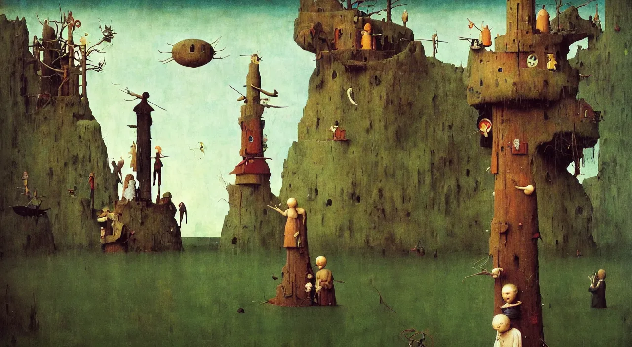 Image similar to single flooded simple!! doll tower totem!! pole, very coherent and colorful high contrast masterpiece by norman rockwell franz sedlacek hieronymus bosch dean ellis simon stalenhag rene magritte gediminas pranckevicius, dark shadows, sunny day, hard lighting