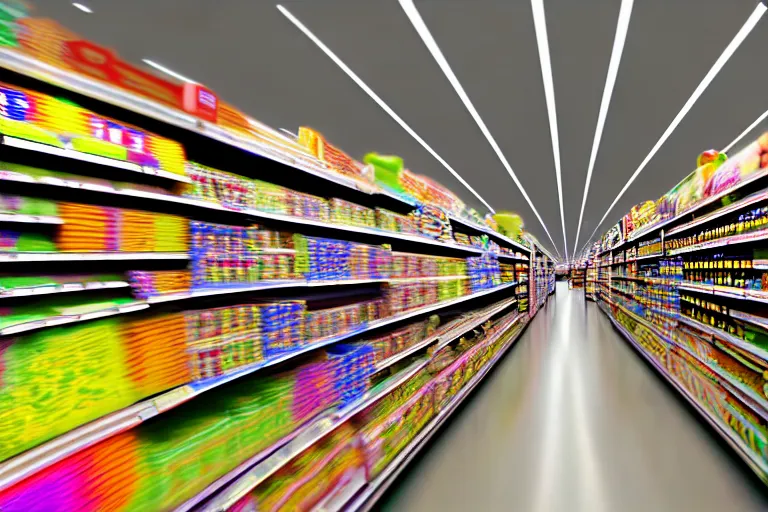 Image similar to lsd trip in the supermarket. super realistic 8 k render of a elegant, cinematic composition