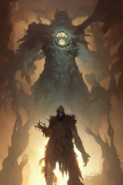 Prompt: giant revenant looms over a tiny human, high fantasy, horror, dnd, highly detailed, smooth, sharp focus, chiaroscuro, digital painting, artgerm and greg rutkowski and alphonse mucha