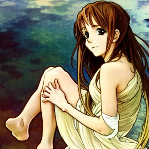 Image similar to cute anime feet, emma watson, alphonse mucha