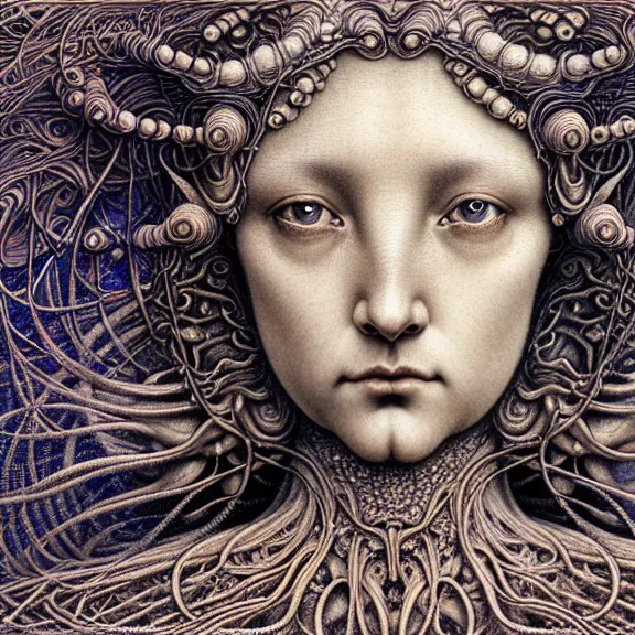 Image similar to detailed realistic beautiful moon goddess face portrait by jean delville, gustave dore, iris van herpen and marco mazzoni, art forms of nature by ernst haeckel, art nouveau, symbolist, visionary, gothic, neo - gothic, pre - raphaelite, fractal lace, intricate alien botanicals, ai biodiversity, surreality, hyperdetailed ultrasharp octane render