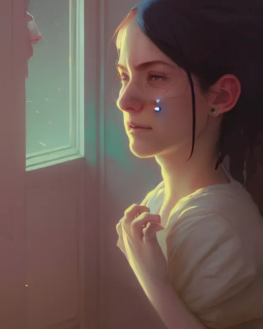 Image similar to highly detailed vfx portrait of a woman crying, unreal engine, greg rutkowski, loish, rhads, beeple, makoto shinkai and lois van baarle, ilya kuvshinov, rossdraws, tom bagshaw, alphonse mucha, global illumination, detailed and intricate environment