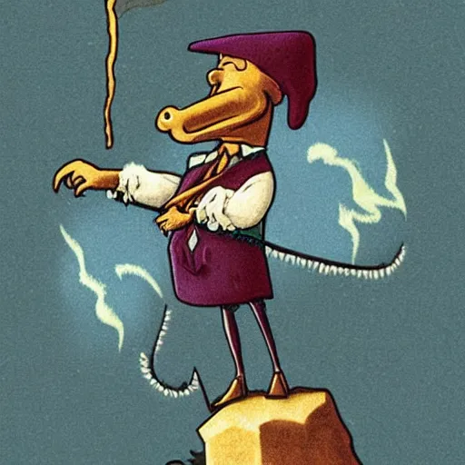 Image similar to a wizard rat smokes a pipe atop a mountain, 1930 photograph, colorized, full body, fancy clothes, magical particles