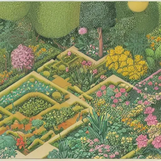 Image similar to an illustration of a beautiful garden, isometric view, painted by moebius and james jean
