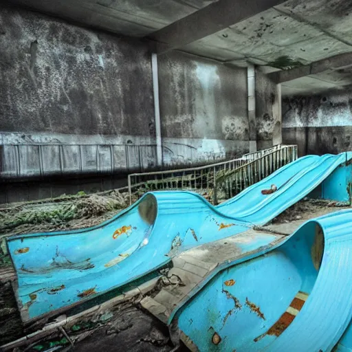 Prompt: abandoned water park with slides and giving a uneasy feeling, dark, dry, 8k, photorealistic, creepy,