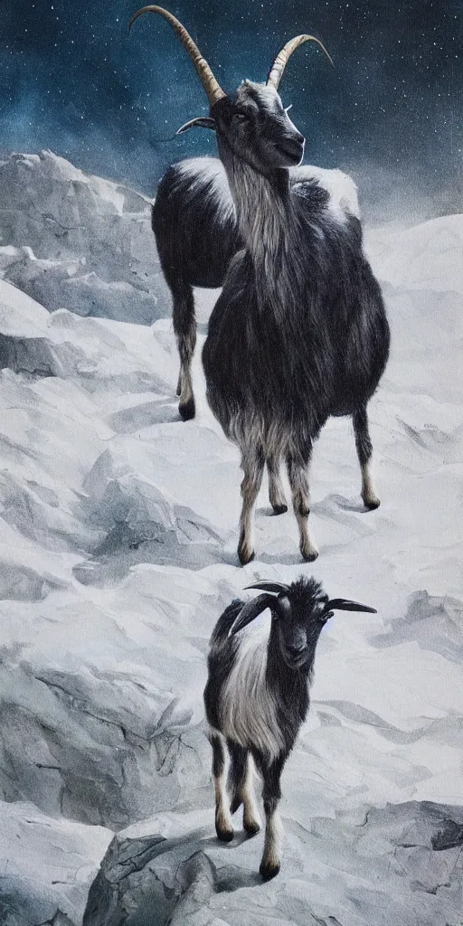 Image similar to a surreal painting of a goat in alpine mountains, photorealistic, cinematic, dramatic, vivid, dark and beautiful, higly, civilized, cinematic lighting