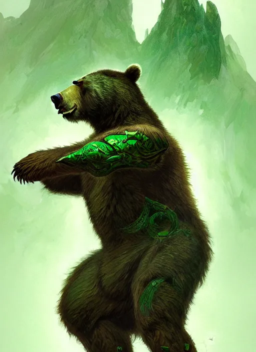 Image similar to portrait of aggressive bear humanoid, d & d, muscular! green, fantasy, intricate, elegant, highly detailed, digital painting, artstation, concept art, smooth, sharp focus, illustration, art by artgerm and greg rutkowski and alphonse mucha