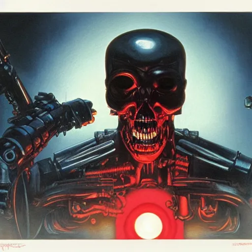 Image similar to The Terminator (1984) by Gerald Brom, glowing eyes