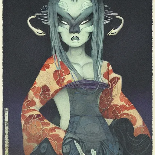 Image similar to portrait of takaonna yokai, misty night, beautiful! coherent! by brom! deep colors, strong lines, high contrast