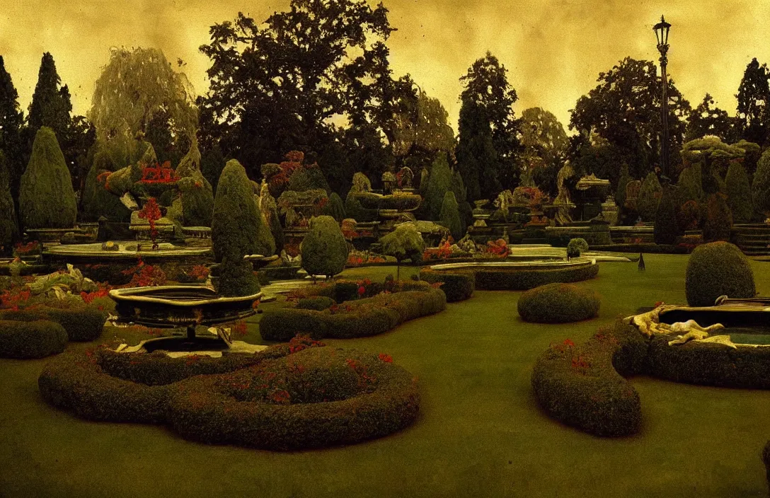 Image similar to virtuoso painting royal garden design by andre le notre intact flawless ambrotype from 4 k criterion collection remastered cinematography gory horror film, ominous lighting, evil theme wow photo realistic postprocessing divisionism painting by claude gellee