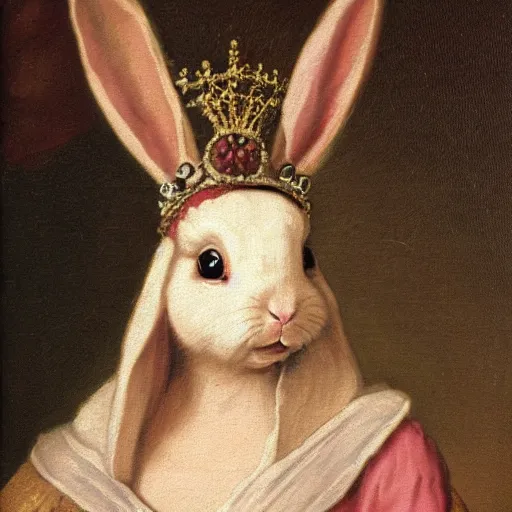 Prompt: a rabbit wearing a crown dressed as a queen, 18th century oil painting