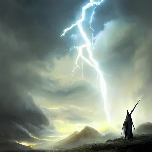 Image similar to gandalf casts a lightningbolt, dramatic light, night, thunderclouds, fantasy background, painted by stanley lau, painted by greg rutkowski, painted by stanley artgerm, digital art, trending on artstation