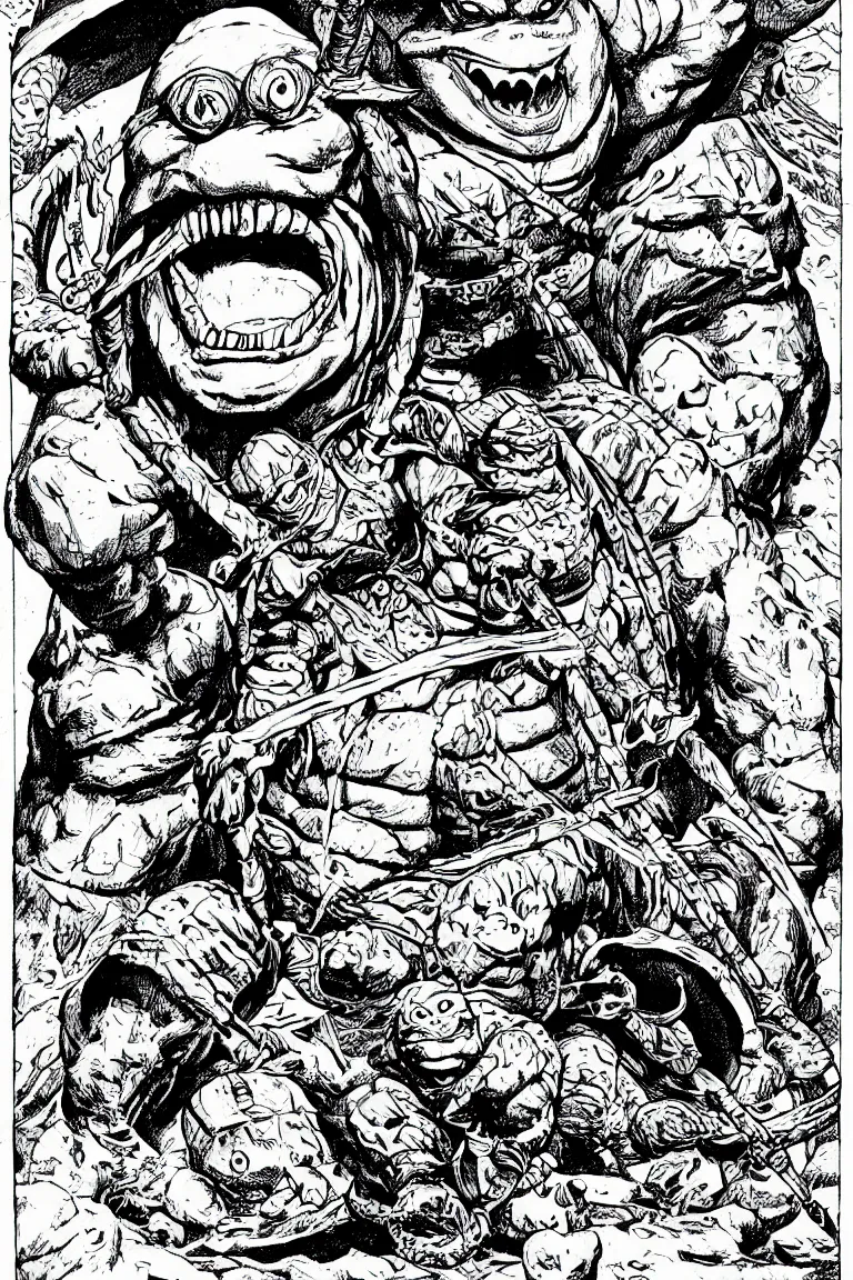 Prompt: Ninja Turtle from the Dungeons and Dragons Monster Manual, line art illustration, 1980s, high detail