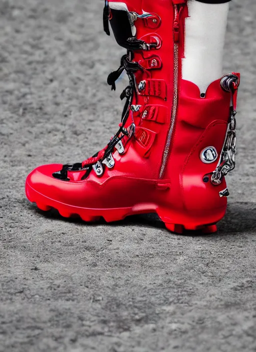 Image similar to hyperrealistic and heavy detailed moncler boots of whole lotta red by playboi carti, leica sl 2 5 0 mm, vivid color, high quality, high textured, real life