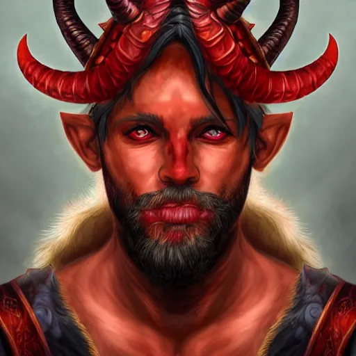 Image similar to dnd style portrait of a tiefling, male, red scales, red skin, a big black beard, completely golden eyes, 2 black ram horns growing out of his forehead,