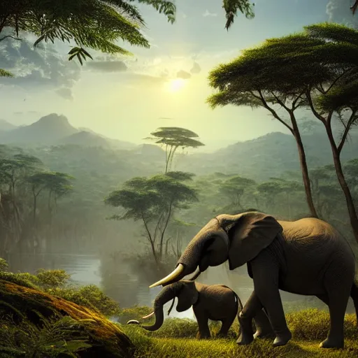 Image similar to African elephants in the jungle, beautiful dynamic lighting, cinematic, wide angle establishing shot, extremely high detail, photo realistic, cinematic lighting, post processed, concept art, artstation, matte painting, style by frederic church, raphael lacoste, alex ross, unreal engine 8k