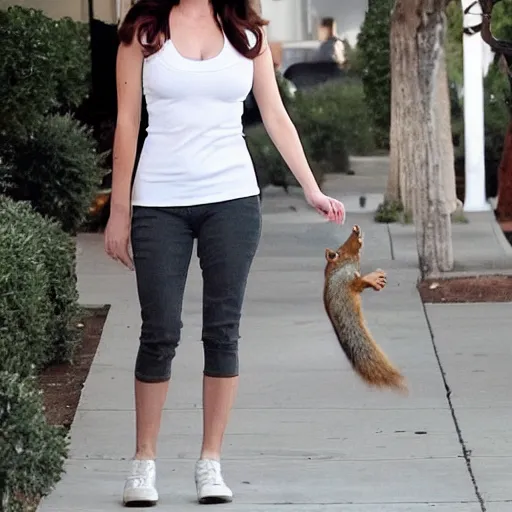 Image similar to Lana Del Rey juggling while a squirrel is on her shoulder in TMZ