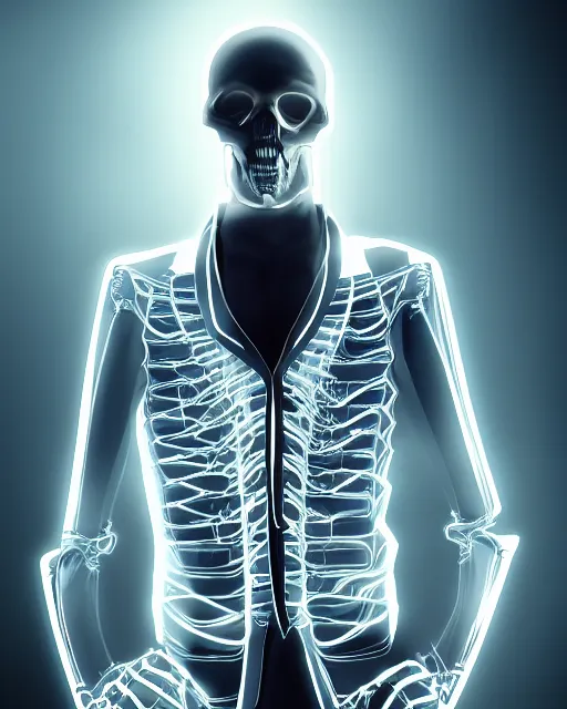 Prompt: dramatic cyberpunk portrait of a skeleton in a suit, color glow, atmospheric haze, intense shading, single light source