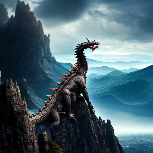 Image similar to giant dragon standing on a mountain, highly detailed, 4 k, hdr, award - winning, directed by zack snyder