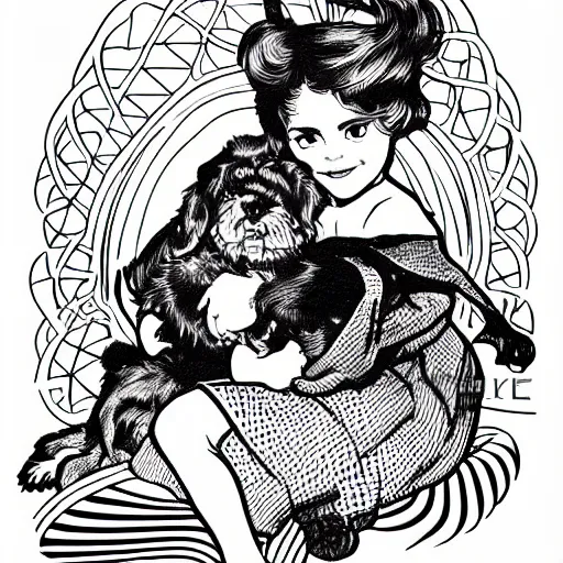 Image similar to clean simple line art of a little girl with wavy curly hair sitting next to a cute puppy. white background. well composed, clean black and white line drawing, beautiful detailed face. illustration by steve ditko and jack kirby and alphonse mucha