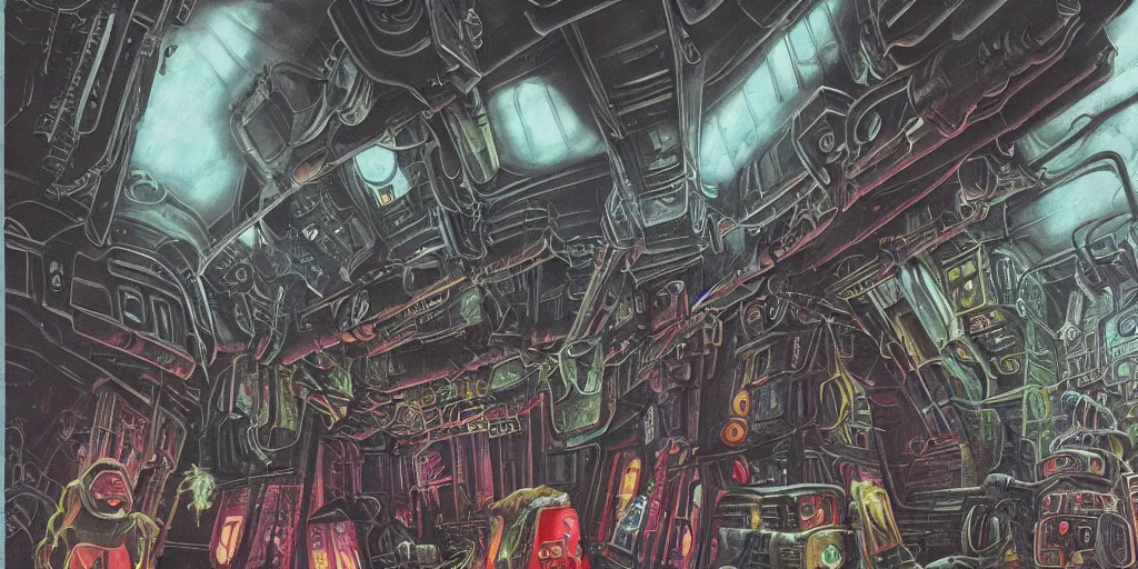 Prompt: an eldritch brutalist gothic airbrush painting of a voidpunk starship interior, illustrated by HG Wells, Warhammer 40k, Lisa Frank, Josh Kirby, sci-fi and cyberpunk, clean linework, Obsidian, technological, artificial