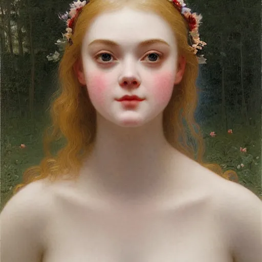 Prompt: A masterpiece head and shoulders portrait of Elle Fanning in front of a nightly bonfire by William Adolphe Bouguereau and Junji Ito