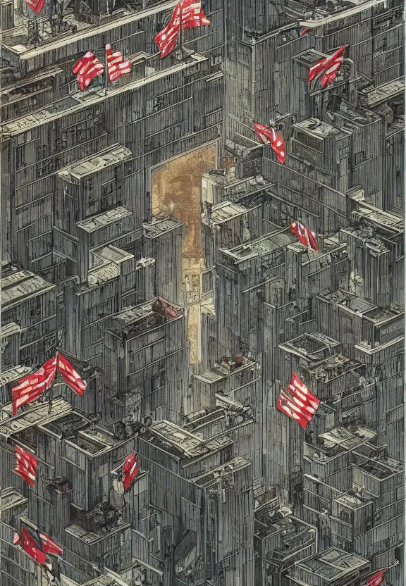 Prompt: [City with checkered!! flags, brutalism! and mushrooms. Propaganda!!! poster!!!!!, intricate, elegant, highly detailed, digital painting, artstation, concept art, matte, sharp focus, illustration, art by Enki Bilal and Moebius]