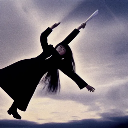 Image similar to yoko ono flying on a broomstick, lighting in the skies, 4k