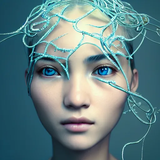 Image similar to intricate highly detailed face portrait of asian - european woman, light blue transparent metal vines on her face, intricate, cgsociety, unreal engine, octane render, sharp focus, smooth, volumetric lighting, cinematic composition, artstation