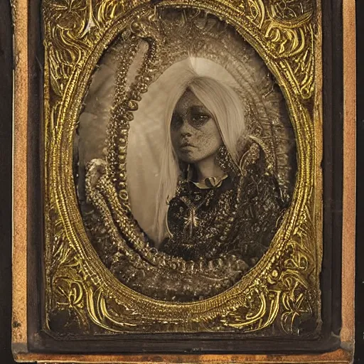 Image similar to tintype ambrotype daguerreotype of a cthulhu priestess adorned in occult jewelery with tentacle hair. emerging walking out of a baroque frame. striking face.