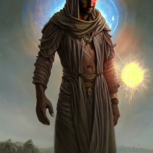 Image similar to male nomad wearing a cloak on an alien world and holding a holographic planet projection in his hand, covered face, detailed, sci - fi, digital painting, artstation, sharp focus, illustration, artgerm, tomasz alen kopera, peter mohrbacher, donato giancola, joseph christian leyendecker, wlop, frank frazetta