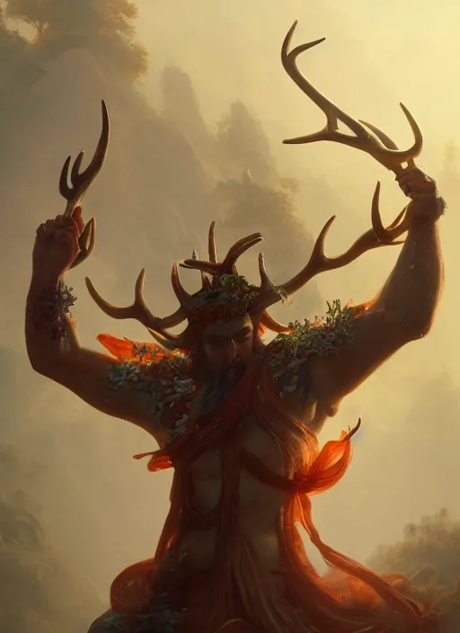 Image similar to Gigantic Deity with antlers and translucent mushrooms, extremly detailed digital painting, in the style of Fenghua Zhong and Ruan Jia and Jeremy Lipking and Peter Mohrbacher, rim light, beautiful lighting, mystical colors, 8k, stunning scene, raytracing, octane, trending on artstation