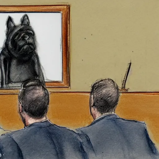 Image similar to a dog in a addressing a jury of mailmen, courtroom sketch