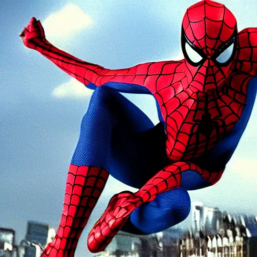 Prompt: film still of Tobey Maguire spider man swinging